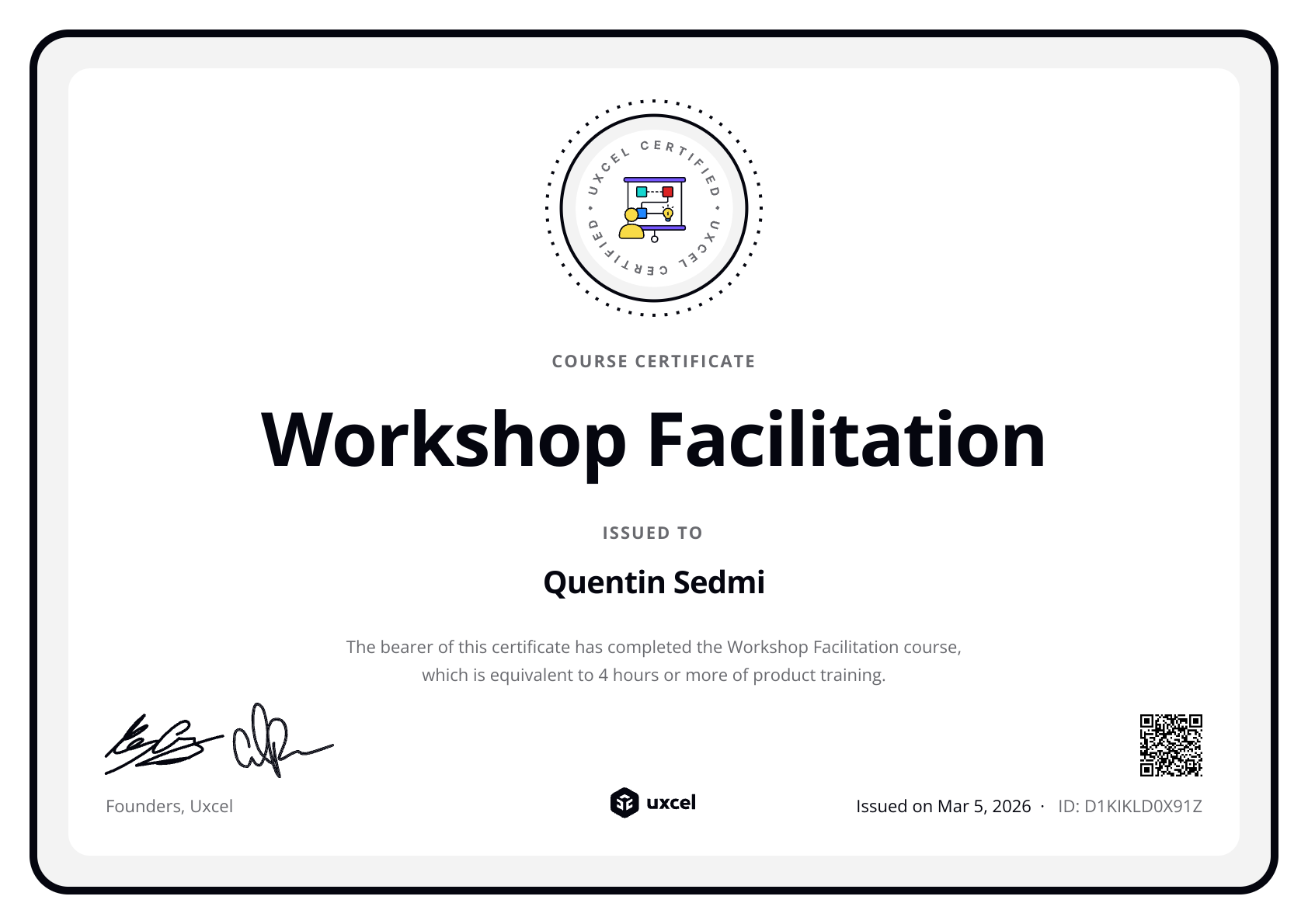 Quentin Sedmi's certificate